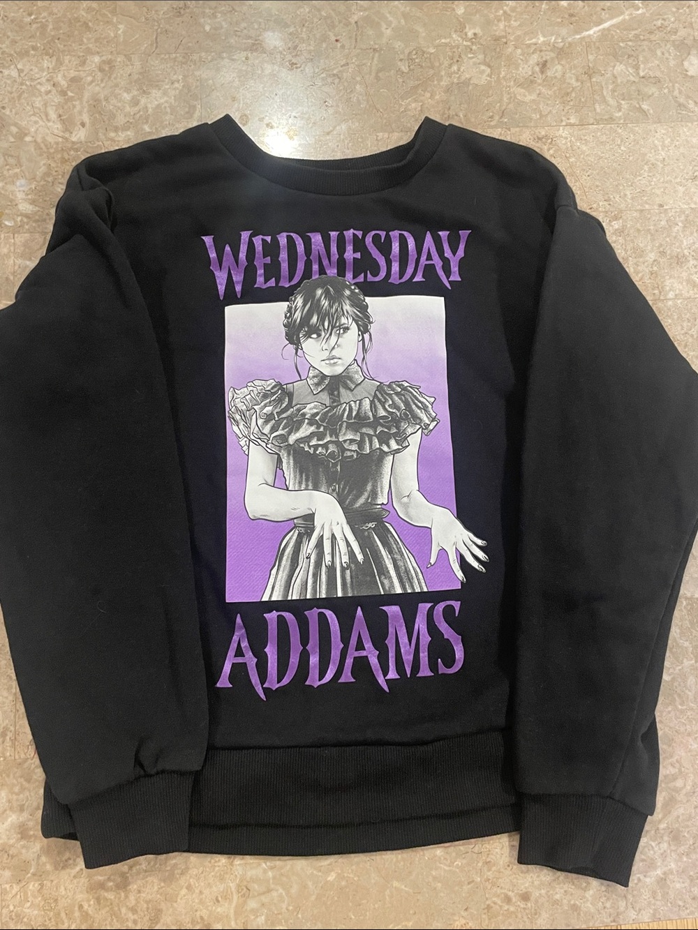 Black Kids Graphic Sweatshirt with Purple Wednesday Addams Print